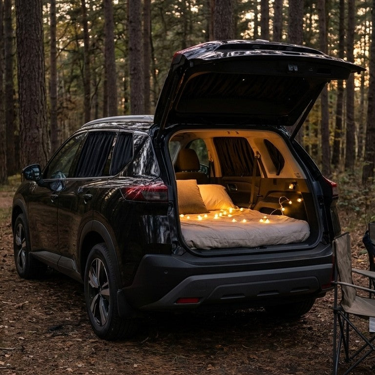 An SUV set up for car camping with the privacy curtains drawn