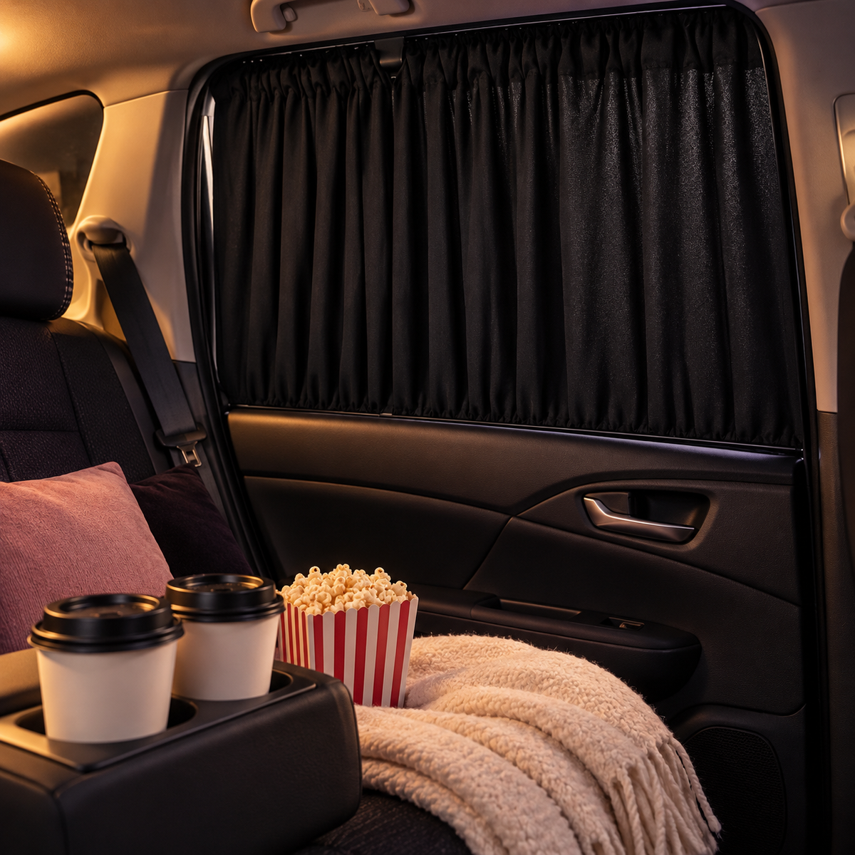 Black window-sized privacy curtains drawn for a parked-car movie date night