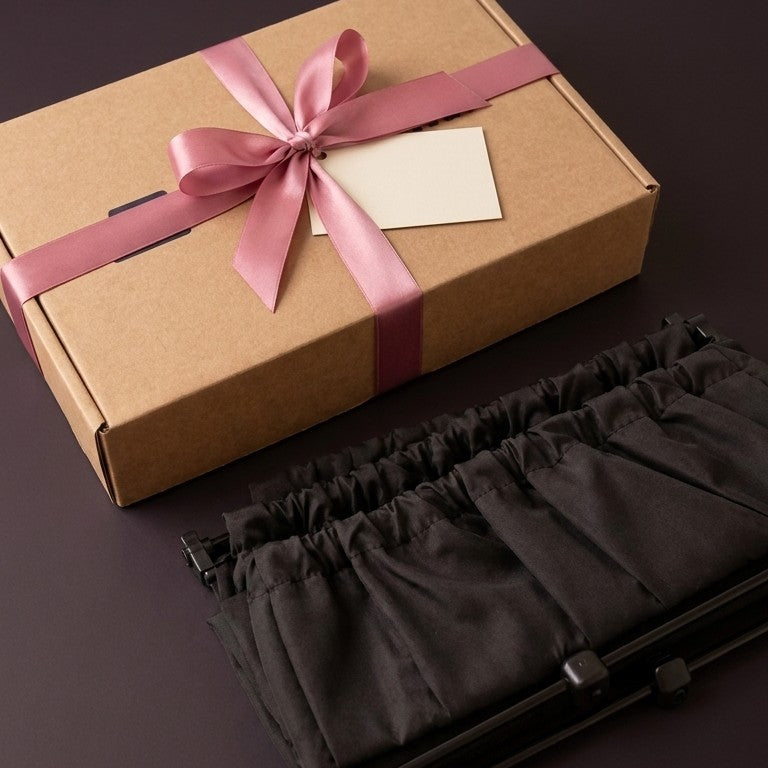 A Parked & Private box tied with a pink ribbon and a blank card