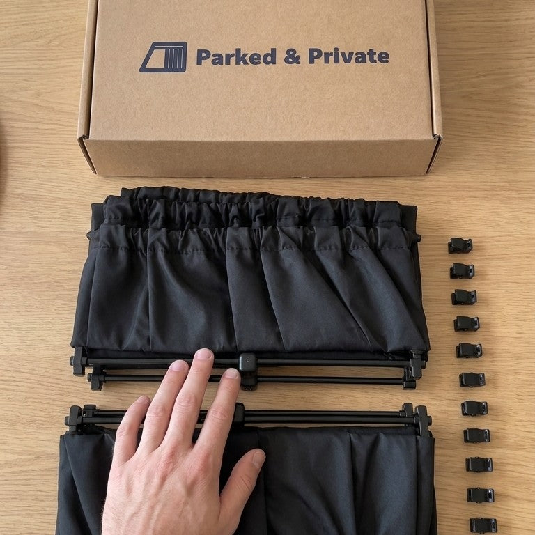 An open Parked & Private box with the curtain panels on rails laid out