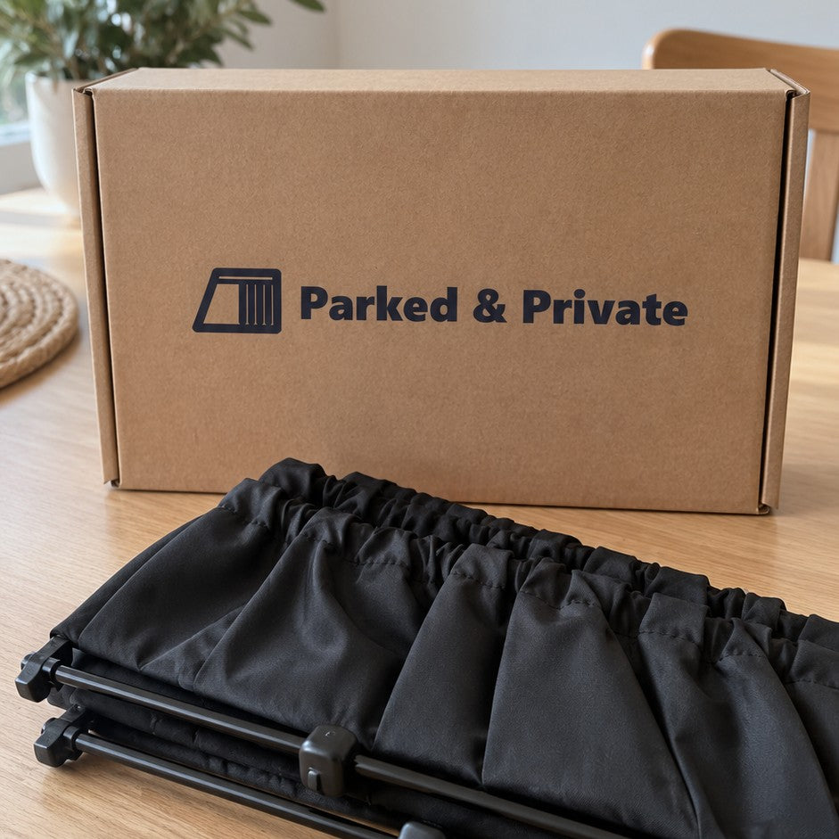 Parked & Private kraft box with a black car privacy curtain on its rails